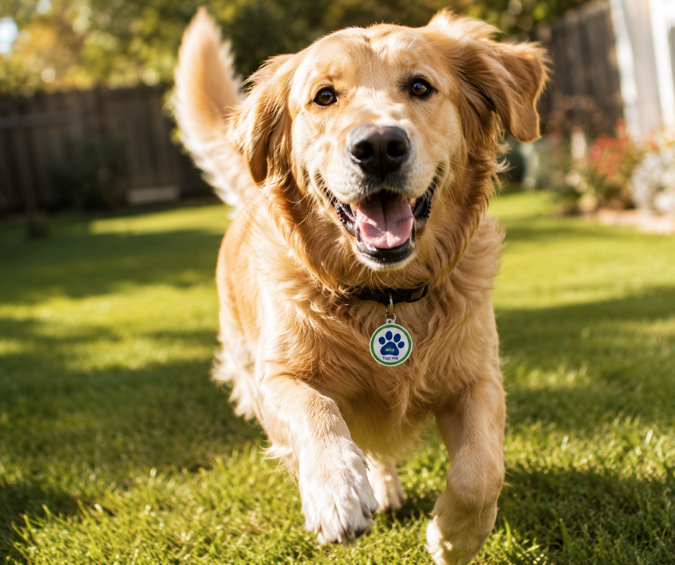 Golden retriever outside with Tap The Magic pet tag