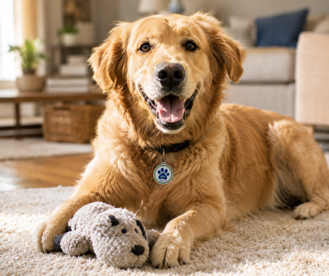 Golden retriever wearing Tap The Magic pet tag