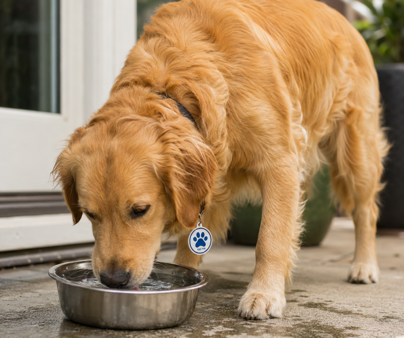 Golden retriever playing with Tap The Magic pet tag