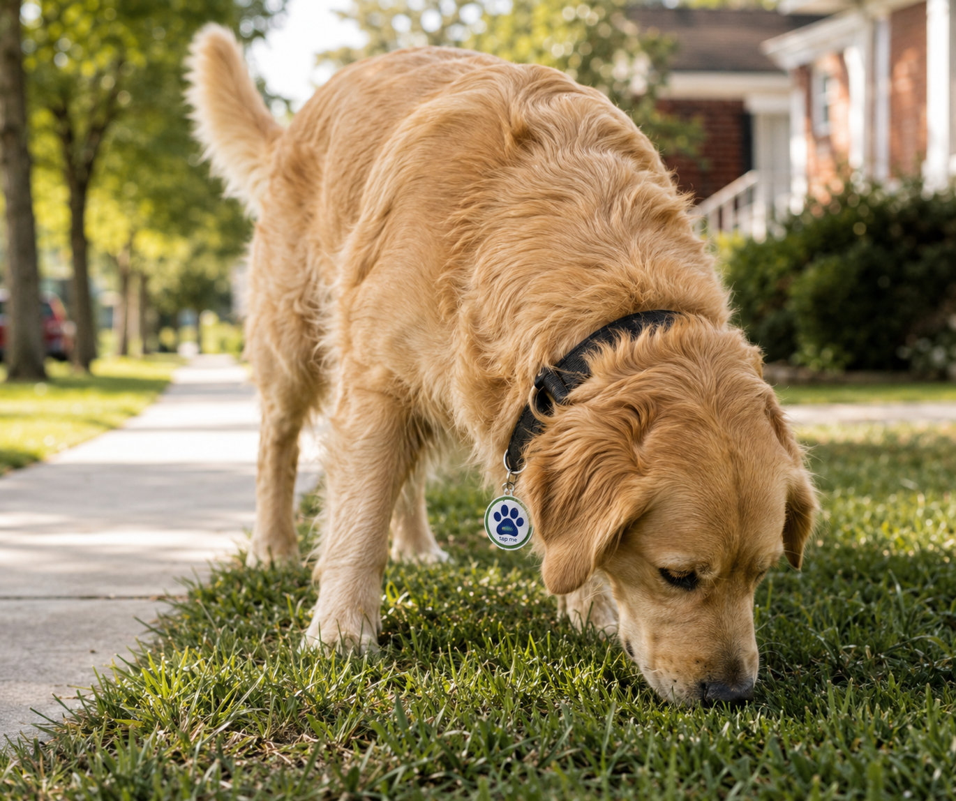 Golden retriever relaxing with Tap The Magic pet tag